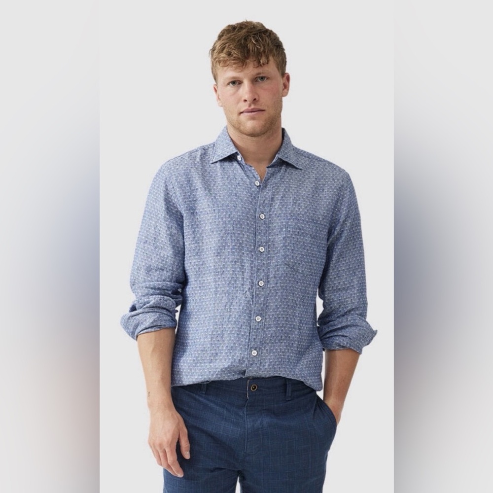 RODD & GUNN Bendrose 100% Linen Long Sleeve Sports Fit Shirt Bluestone/Blue NWT